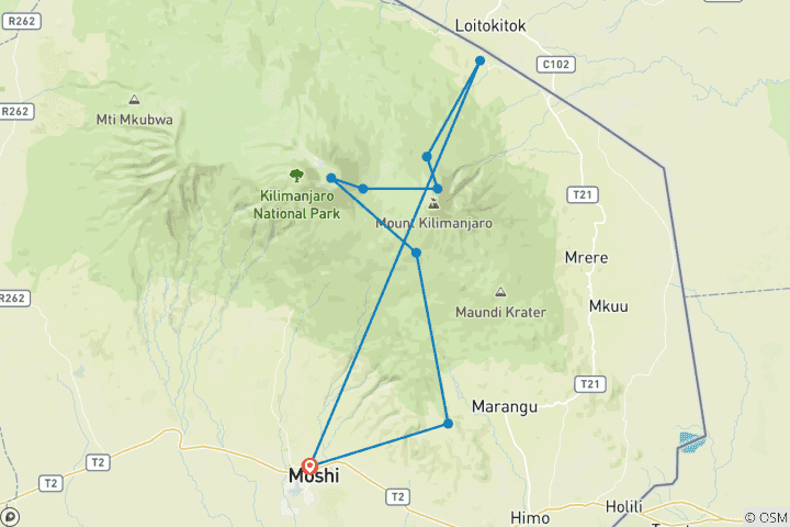 Map of 7 Day Rongai Route Kilimanjaro Multi-days Hiking