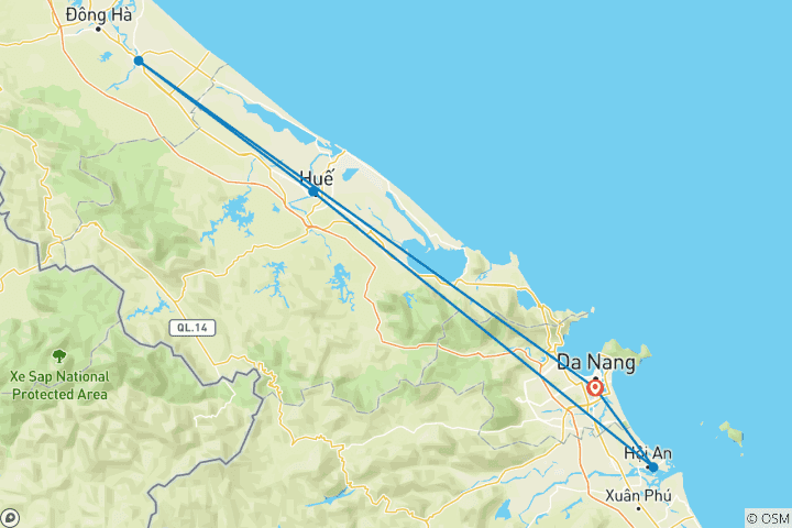 Carte du circuit Découverte du centre du Vietnam Da Nang - Quang Tri - Quang Binh et la grotte du Paradis - 7 jours
