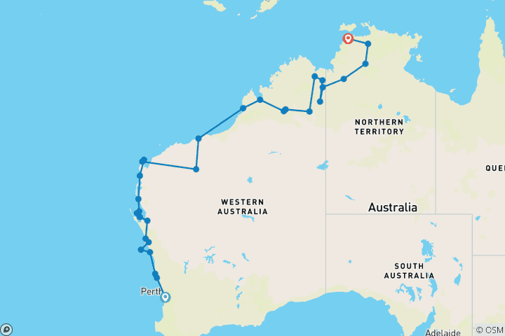 Carte du circuit De Perth à Darwin par voie terrestre