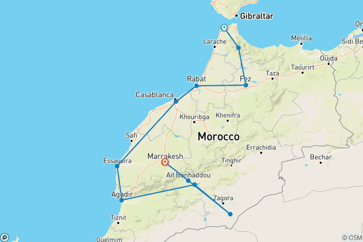 Karte von 12-Tage-Reise vom Tor zu Tanger zum Zauber von Marrakesch