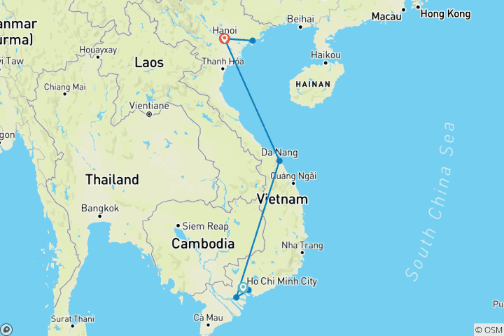 Carte du circuit Circuit découverte du Vietnam à travers trois régions - Ho Chi Minh Ville, Da Nang & Hanoi - 7 jours | Up Travel Vietnam
