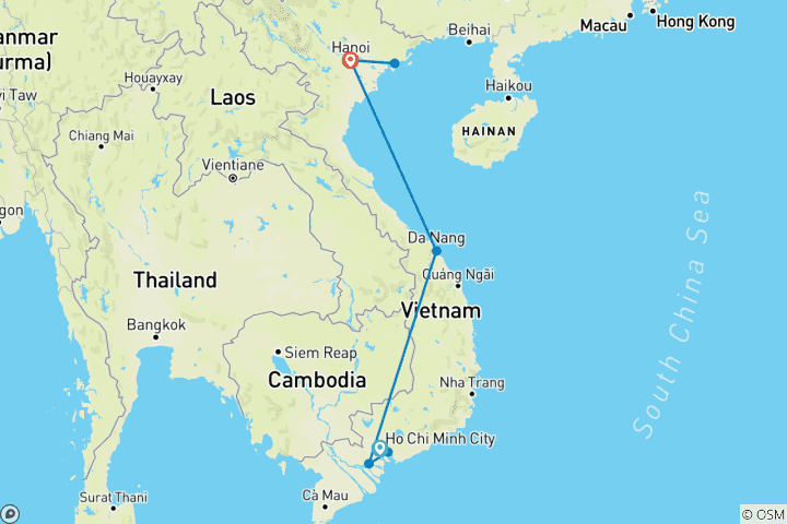 Carte du circuit Circuit découverte du Vietnam à travers trois régions - Ho Chi Minh Ville, Da Nang & Hanoi - 7 jours | Up Travel Vietnam