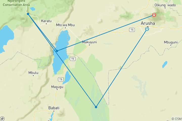 Map of 4 DAYS NGORONGORO & LAKE MANYARA SAFARI TANZANIA ADVENTURES