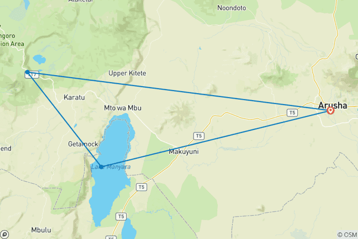 Carte du circuit MEILLEUR SAFARI DE 2 JOURS EN TANZANIE -NGORONGORO & MANYARA CIRCUIT PARTAGÉ