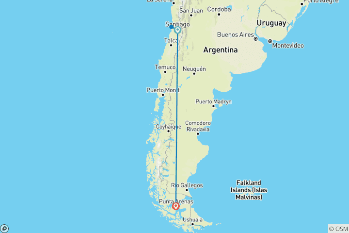 Map of Chile Road trip: Majestic glaciers & wild Patagonia