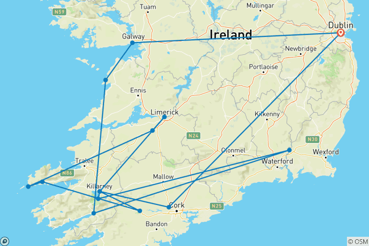 Carte du circuit Le meilleur de l'Irlande du Sud (circuit A) - 8 jours/7 nuits