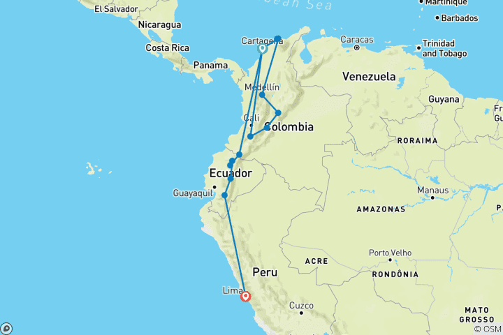 Map of CARTAGENA to LIMA (40 days) Colombian Adventure