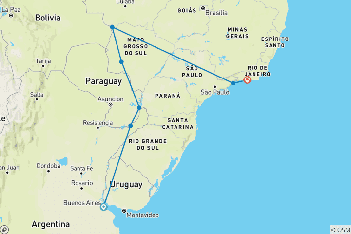 Carte du circuit BUENOS AIRES à RIO (18 jours) Cascades, zones humides