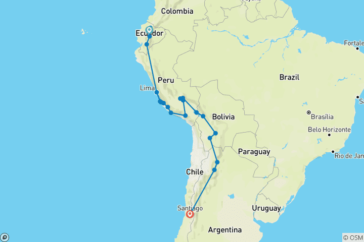 Kaart van QUITO naar SANTIAGO (53 dagen) Andes & Amazone