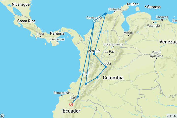 Map of CARTAGENA to QUITO (22 days) Colombian Adventure