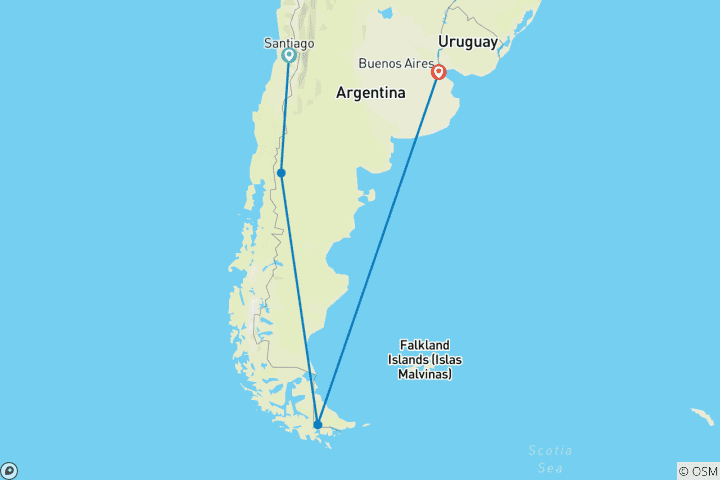 Karte von SANTIAGO nach BUENOS AIRES (31 Tage) Patagonische Adve