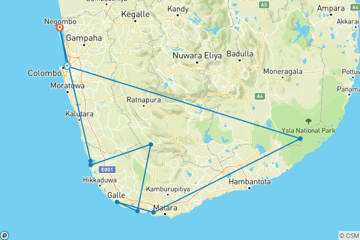 Mapa de Descubre la Costa Sur de Sri Lanka: 4 días de playas, buceo y maravillas culturales