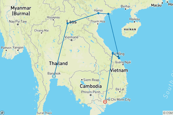 Karte von 15 Tage Gesichter Asiens: Bangkok-Luang Prabang-Vietnam (Kleingruppe)