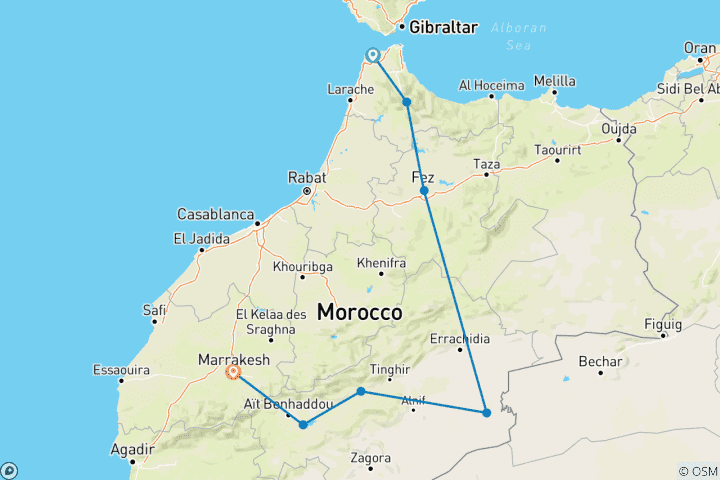 Karte von 5-tägige Tour von Tanger nach Marrakesch über Chefchaouen, Fes und die Sahara-Wüste Erg Chebbi