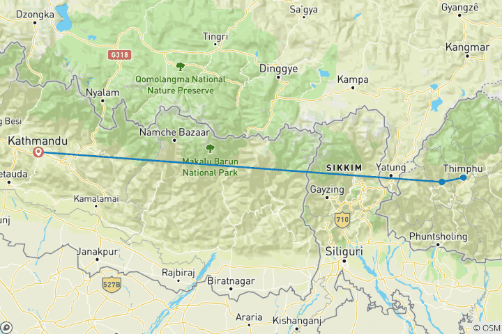 Mapa de Viaje corto a Bután 3 noches 4 días