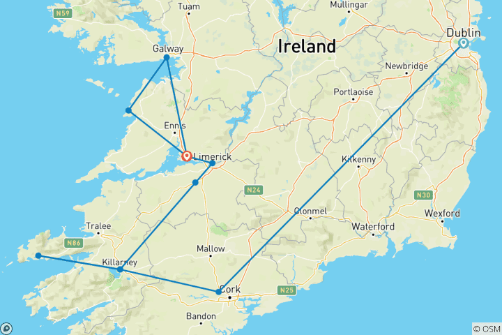 Mapa de Lo mejor de Irlanda sur - ruta D - 6 días /5 noches