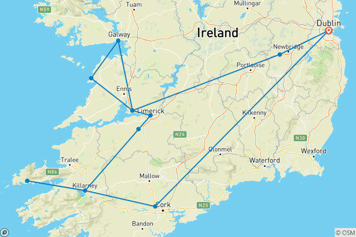 Mapa de Lo mejor de Irlanda sur - ruta C - 7 días / 6 noches