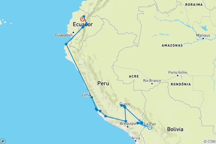 Map of LA PAZ to QUITO (41 days) Andes & Amazon