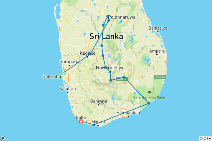 Map of Sri Lanka Express 15 Tourist Spots in 6 days & Drop at South Beach