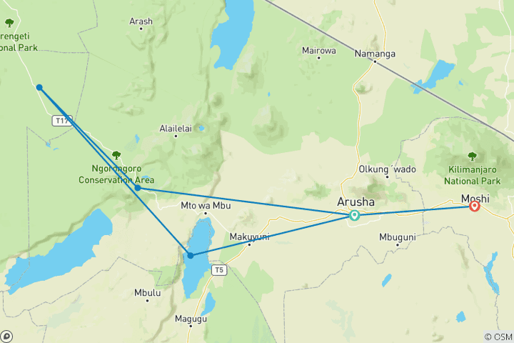 Map of Budgeted 5 Days Tanzania Big Safari