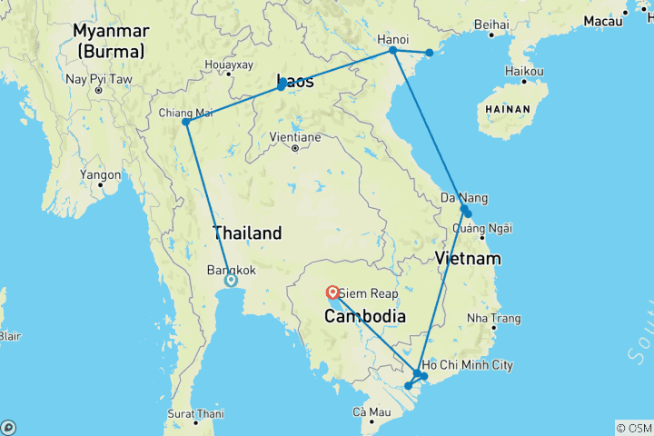 Carte du circuit Thaïlande, Laos, Vietnam et Cambodge - 21 jours