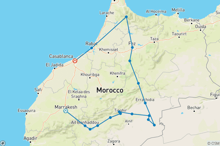 Map of Marrakech Express. 10 Day Tour