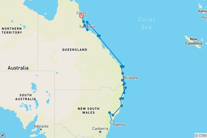 Map of Sydney to Cairns Adventure (24 destinations)