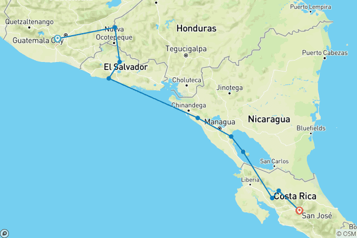 Map of Central America Escape: Guatemala to Costa Rica