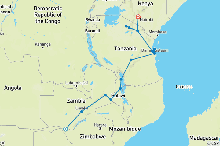 Carte du circuit Safari terrestre du Zimbabwe au Kenya