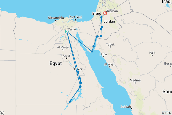 Carte du circuit Découverte de l'Égypte et de la Jordanie par la croisière du Nil 2025 (hôtels 4 et 5 étoiles)