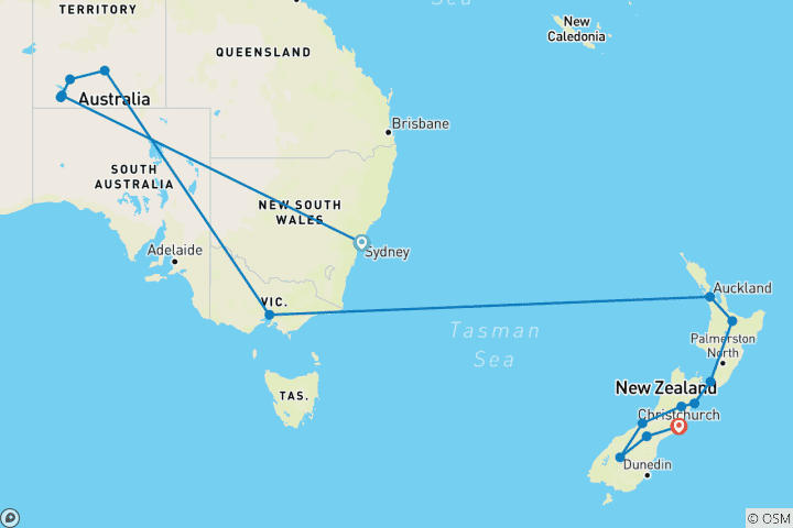 Carte du circuit Le meilleur du Pacifique Sud : Le meilleur de l'Australie et de la Nouvelle-Zélande