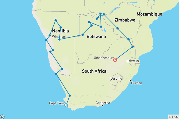 Map of Cape Town to Johannesburg Overland Safari