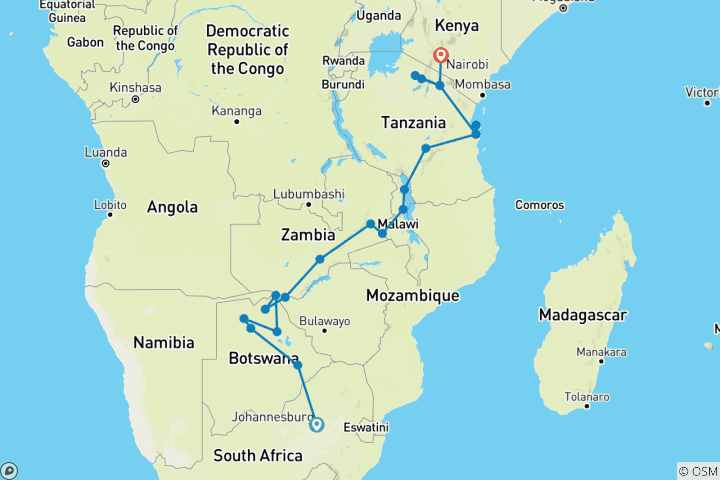 Mapa de Safari por tierra de Johannesburgo a África Oriental