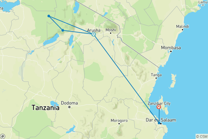 Map of Serengeti & Zanzibar Overland Safari