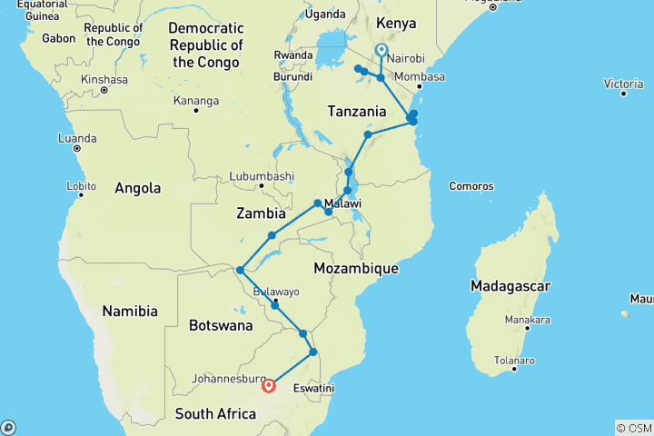 Karte von Überland-Safari von Ostafrika nach Südafrika