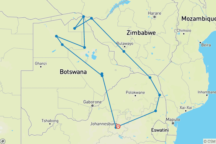 Mapa de Safari por tierra en África Austral