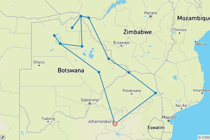 Carte du circuit Safari terrestre en Afrique australe et camping participatif
