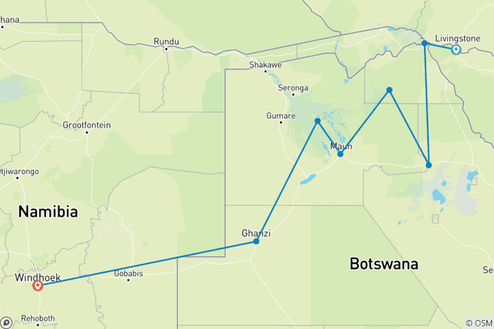 Map of Victoria Falls to Windhoek Overland Safari