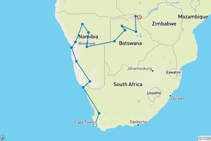 Map of Cape Town to Victoria Falls Overland Safari