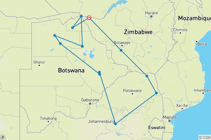 Map of Zimbabwe, Botswana & South Africa Overland Safari