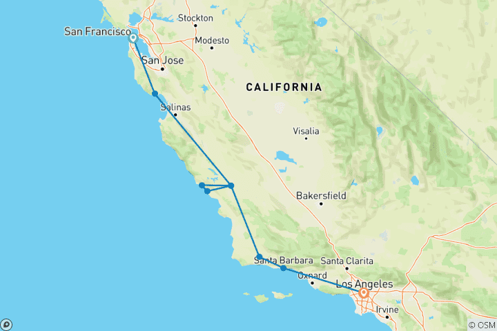 Kaart van De centrale kust van Californië: Redwoods, Hearst Castle, Wijnland, Solvang & Santa Barbara | San Francisco naar Los Angeles