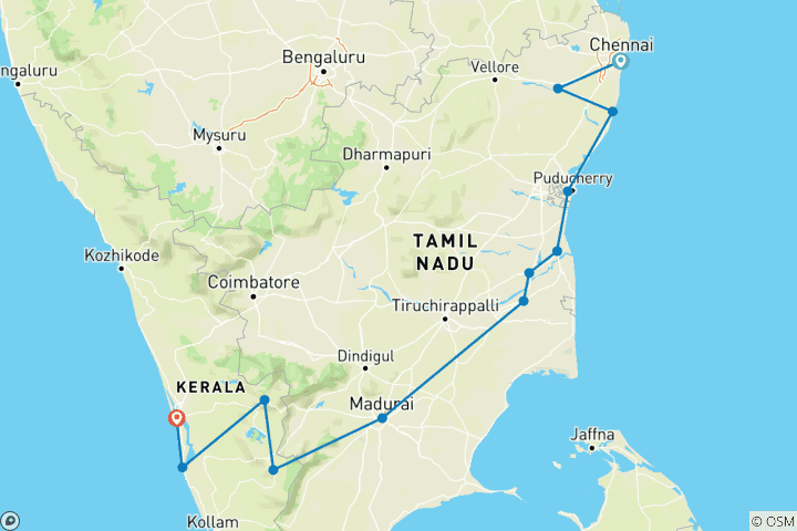 Map of Exotic Tamil Nadu And Kerala Tour