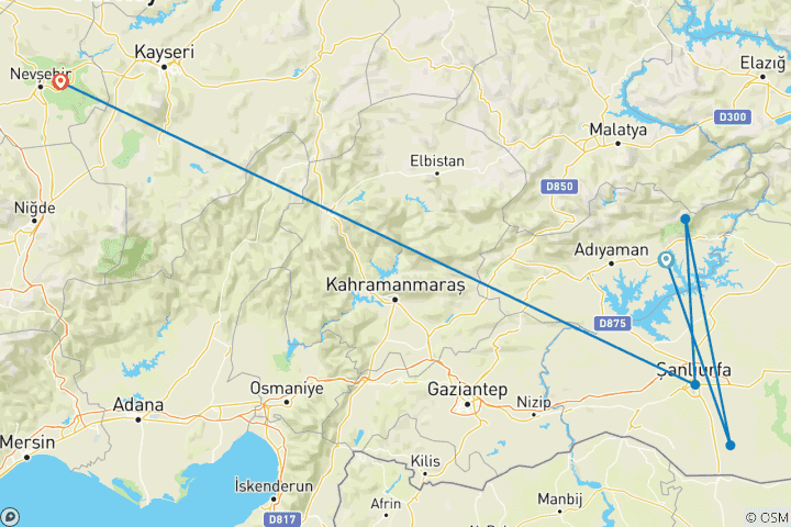 Map of 2 Night Nemrut, Sanliurfa, and Harran Tour from Cappadocia