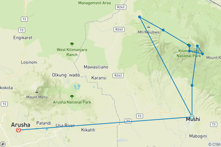 Map of 6 Days Shira Route Kilimanjaro Climb