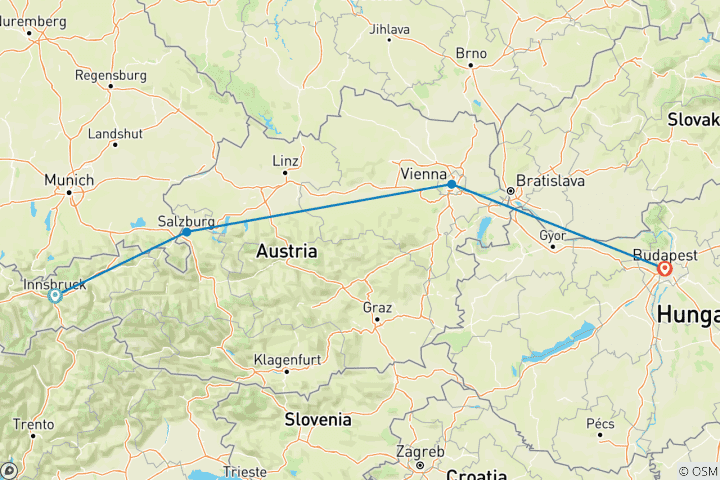 Mapa de Austria y Hungría en 9 días (Innsbruck, Salzburgo, Viena y Budapest)