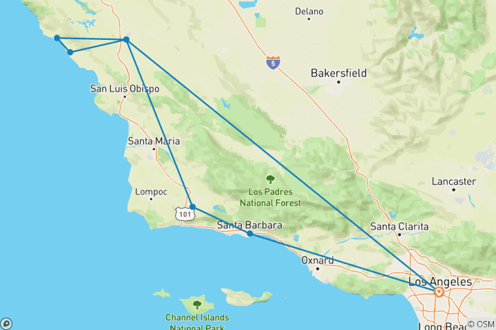 Kaart van De Central Coast van Californië vanuit Los Angeles: Santa Barbara, Solvang, Hearst Castle & Wijnland