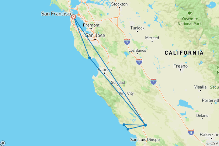 Kaart van De Central Coast van Californië vanuit San Francisco: Redwoods aan de kust, Santa Cruz, Hearst Castle en wijngebied