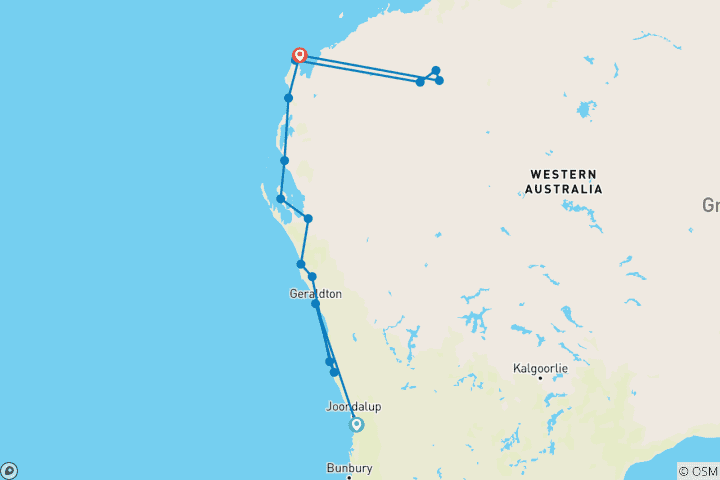 Map of West Coast & Karijini National Park - 13 days