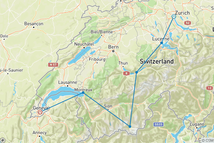 Map of Grand tour of Switzerland in 14 days