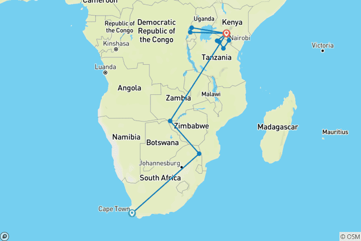 Carte du circuit Expédition privée de 30 jours en Afrique ultime